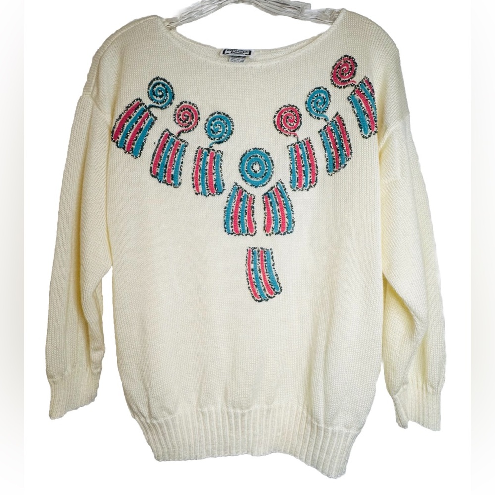 Vintage Kenneth Too Ivory‎ Aztec Pullover Sweater Turquoise Embellished Sz S/M